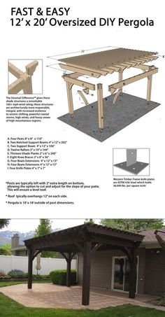 the instructions for how to build an outdoor pergola with wood posts and roof