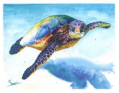 a watercolor painting of a turtle swimming in the ocean with blue sky and clouds behind it