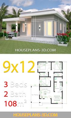 two story house plan with 3 beds and 2 bathrooms in the front, one bedroom on the