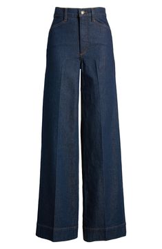 A refined way to wear denim, these crisply pressed, softly structured jeans feature a clean dark wash, a super-high waist and floor-sweeping wide legs. 32" inseam; 23" leg opening; 12" front rise; 15 1/2" back rise (size 29) 59% cotton, 20% lyocell, 20% recycled lyocell, 1% elastane Machine wash, tumble dry Imported Wash Out Jeans, Wide-leg Jeans For Work In Medium Wash, Chic Dark Wash Full-length Jeans, Classic Denim Wide Leg Pants For Spring, Classic High Waist Dark Wash Flare Jeans, Chic Cropped Dark Wash Wide Leg Pants, Classic High Rise Wide Leg Pants, Elegant High Rise Cotton Flare Jeans, Classic Wide Leg Denim Blue Flare Jeans