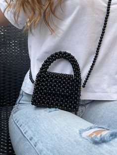 Black Beaded Bag As Fashion Accessory, Black Beaded Bags As Fashion Accessory, Gift Black Beaded Shoulder Bag, Black Beaded Rectangular Shoulder Bag, Handmade Black Handheld Evening Bag, Black Bags With Pearl Handle As Gift, Black Bag With Pearl Handle As Gift, Black Bags With Pearl Handle For Gift, Black Beaded Shoulder Bag For Everyday Use