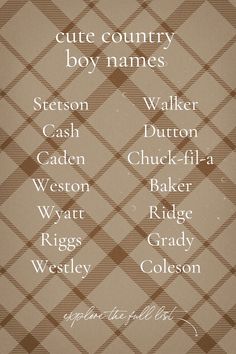 a brown and white checkered pattern with the words cute country boy names