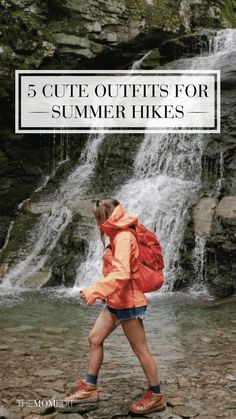 a woman walking in front of a waterfall with text overlay that reads, 5 cute outfits for summer hikes