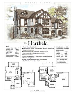 the hartfield floor plan is shown with two story houses and three car garages