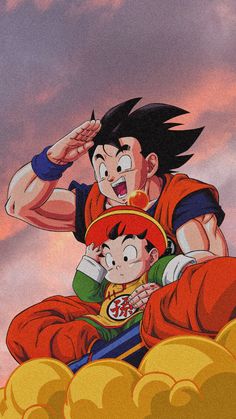 the dragon and son gohan are sitting on top of each other in front of clouds