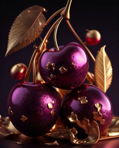 three purple cherries with gold leaves on a black background, surrounded by other shiny objects