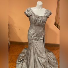 Size-14 Brand-Rina Di Montello Color-Silver/Grey Long Skirt With A Lot Of Layers All Dress Full Of Swarovski Stones Detachable Sleeves Worn Ones, Gently Used Grey Long Skirt, A Lot Of Layers, Detachable Sleeves, Swarovski Stones, Dresses Long, Evening Gown, Long Skirt, Stone Color, Evening Gowns