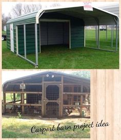 two pictures showing the inside and outside of a carport barn