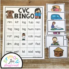 cvc bingo game with pictures of dogs and people on it, including the words