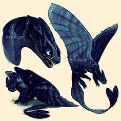 three different types of dragon like creatures with blue eyes and black wings, all facing opposite directions