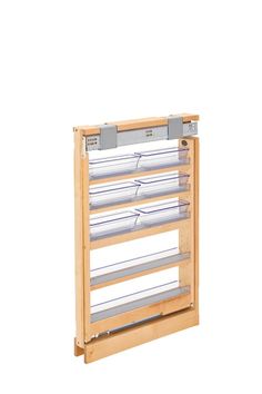 a wooden rack with three rows of drawers on the bottom and one shelf above it