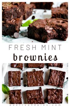 fresh mint brownies with chocolate chips on top and the words, fresh mint brownies