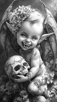 a black and white photo of a baby with a skull