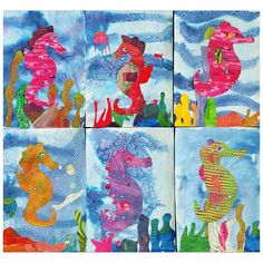 four pictures of seahorses in different colors and sizes, each with an ocean theme