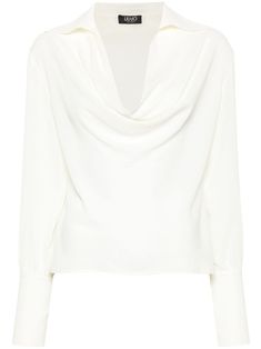 white crepe texture semi-sheer construction draped design cowl neck long sleeves buttoned cuffs curved hem Draped Blouse, Cowl Neck Long Sleeve, Versace Outfit, Wardrobe Edit, Designer Drapes, Dolce E Gabbana, Top Designer Brands, Van Cleef Arpels, Blouse White