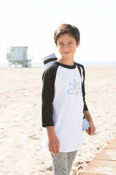 Boys' 3/4 Sleeve, 100% Cotton, Baseball-style Yoga Shirt. We recommend going up in size. White Long Sleeve Activewear For Summer, White 3/4 Sleeve T-shirt For Summer, Sporty Cotton T-shirt With 3/4 Sleeve, Beach Ball Games, Yoga Tees, Yoga Shirt, Beach Ball, California Style, Yoga Shirts