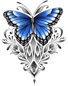 a blue butterfly with intricate designs on it's wings, and an ornate design