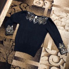 New Vintage Black Mohair Nice Fancy Sweater With Jewelry Work Around Neck And Sleeves Casual Sequin Party Sweater, Elegant Crew Neck Sweater For Party, Glamorous Sweater For Night Out, Sequined Sweater For Winter, Luxury Black Winter Sweater, Elegant Sequined Sweater For Fall, Winter Night Out Sweater With Sequins, Sequined Sweater For Night Out In Winter, Elegant Sequin Sweater