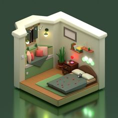 a low poly model of a bedroom with green walls