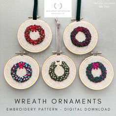 four hand embroidered wreaths hanging from hooplets with ribbons on them and the text, wreath ornaments embroidery pattern digital download