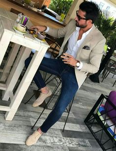 I like the look but without the pants being so tight lol Neutral Men’s Wedding Outfit, Mens Spring Formal Outfits, Mens Napa Valley Outfit, Mens Fashion Blazer, Beige Blazer, Mens Fashion Classy, Mens Fashion Suits