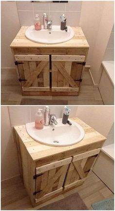 two pictures of a bathroom sink made out of wooden pallets and some toiletries