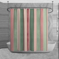 a bathroom with a shower curtain that has different colored stripes on it and is next to a toilet