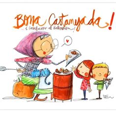 a drawing of a woman serving food to two children in front of a barrel with the words bona castanguada on it