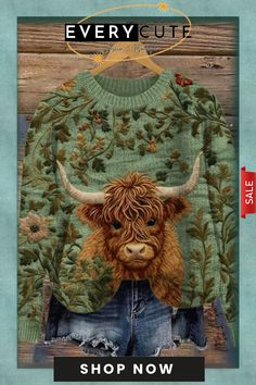 Highland Cow Floral Embroidery Cozy Knit Sweater Cow Sweater, Cozy Knit Sweater, Winter Formal, Cozy Knit, Cozy Sweatshirts, Cozy Knits, Green Sweater, Highland Cow, Western Style