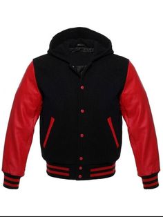 Varsity Letterman College Baseball Bomber Jacket Wool and Real Leather Sleeves Brand : Verse ENT Color : Black / Red Trimming Color :  Red Sizes : All sizes are available For Custom size Please Message us (All Sizes are Available) If your required Size & Color Combination is not listed then please contact with us We will respond you as soon as possible the estimated time is 12 Hours, All Sizes & Color Combinations are Available. The quality of the varsity Hoodie is the finest in the field. 100% University Red Outerwear For Winter Streetwear, Black College Style Varsity Jacket For Sports Events, Red Hooded Outerwear For Sports Events, Red Outerwear For Fall Sports Events, Red College Style Outerwear For Fall, Varsity Style University Red Outerwear For Winter, Red Varsity Jacket With Ribbed Cuffs For Fall, Fitted Varsity Jacket With Ribbed Cuffs And Baseball Collar, Fitted Varsity Jacket With Ribbed Cuffs