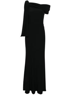 black crepe texture off-shoulder sleeveless knot detailing sash detail floor-length satin lining concealed side zip fastening Off Shoulder Dress Jewelry Ideas, Alexander Mcqueen Dress, One Shoulder Drape Dress, Dressy Hats, Off Shoulder Gown, City Dress, Black Gown, Long Gown, Ball Dresses