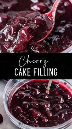 cherry cake filling in a glass dish with a spoon on top and the words cherry cake filling above it