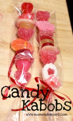 candy kabobs are wrapped in cellophane and ready to be eaten for valentine's day