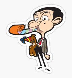 a cartoon man blowing on an orange tube with a teddy bear in his mouth sticker