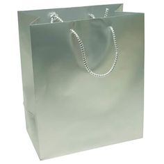 a silver shopping bag with a chain hanging from it's handle, on a white background