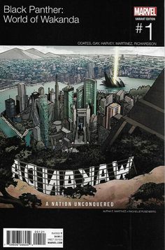 the cover to black panther world of wakanda, featuring an image of a city and