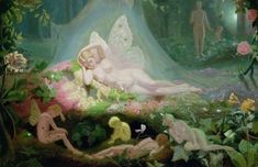 an image of a fairy scene with people in the background and flowers all around it