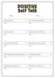 Positive Self-Talk Worksheets Self Development Activities, Free Printable Therapy Worksheets For Adults, Therapy Talking Points, Self Concept Worksheets, Positive Worksheets, Positivity Worksheets, Positive Self Talk Worksheet, Positive Self Talk Activities, Self Talk Worksheet