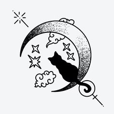 a black and white drawing of a cat sitting on top of the moon with stars