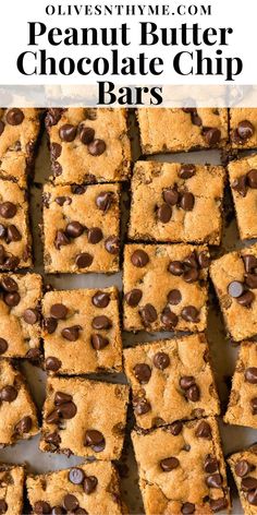 peanut butter chocolate chip bars cut into squares and stacked on top of each other with text overlay