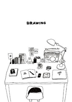 a black and white drawing of a desk with an open book on it that says drawing