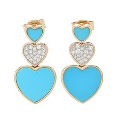 Frame your face in gorgeous style with these heart-shape drop earrings. From the EFFY "Turquesa" collection, each showcases two Sleeping Beauty turquoise hearts along with a sparkling heart adorned with 0.07 carats of round diamonds. The pair is crafted in polished 14K yellow gold. Pair them with matching ring 206-610 to create a stunning coordinated style. Elegant Turquoise Heart Earrings, Earring Frame, Gorgeous Style, Turquoise Heart, Matching Ring, All Gems, Heart Drop Earrings, Sleeping Beauty Turquoise, Matching Rings