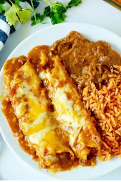 an enchilada and rice dish on a white plate