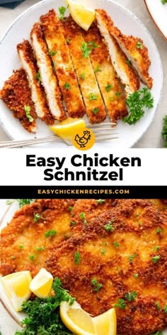 easy chicken schnitzel recipe on a plate with lemon wedges and parsley