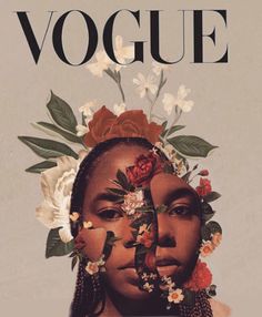 a woman with flowers on her head and the words'voge'in front of her face