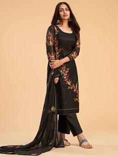 Buy pretty black embroidered partywear straight-cut-suit online at best shopping price. This pleasing straight cut salwar suit comes with a georgette straight kurta with shantoon bottom and georgette dupatta. Black Salwar Kameez, Black Pashmina, Saree Wearing, Pakistani Clothes, Georgette Dupatta, Pakistani Designer Suits, Hijab Outfits, Pakistani Designers, Indian Attire