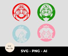 four different colored stickers with mario and luigi's face in the middle, one is