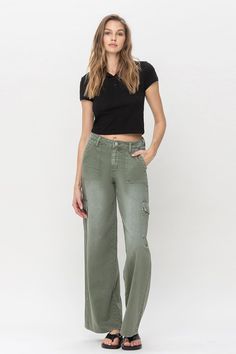 These army green cargo jeans are a versatile and functional addition to your wardrobe. The soft fabric and wide leg design provide both comfort and style, while the utility cargo pockets add practicality. Army Green High Rise Cargo Jeans Vervet by Flying Monkey Wide Leg Soft Non-Stretch Cotton Jean Verde, Wide Jeans, Kids Outfits Girls, Wide Pants, Cargo Jeans, China Fashion, Wide Leg Denim, Everyday Wardrobe, Sheer Fabrics