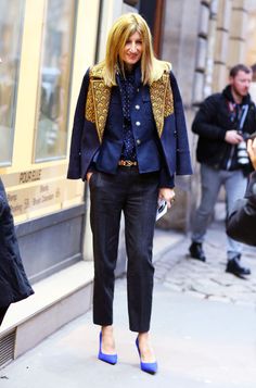 #FashionSnap #Fashion #Paris #Women #Girls #Streetshots #JCREW | Street snap in Paris!  | Model: SARAH RUTSON | Jecket: Navy Blue and Gold Embroidered J CREW Jacket over Navy Blue Jacket | Top: Blue Polka Dot Shirt | Pants: Pinstriped Trousers with Beaded Belt | Shoes: Blue Heels | Photo By Phil Oh | More fashion styles are at https://www.facebook.com/fashionsnap2013 Trendy Leather Jacket, J Crew Jacket, Chic Jacket, Navy Blue Jacket, Work Style, New Wardrobe, Work Fashion, Primavera Estate