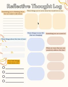 Reflective Thought Log Worksheet; Editable AND Printable Burnout Recovery Therapy Worksheets for Mental Health! These CUSTOMIZABLE Therapeutic Worksheets help YOU with your PERSONALIZED reflection, mental health check ins, reflection prompts, and self care. Alongside monthly trackers, bullet journal prompts, and editable illustration pages, this template includes RESEARCH-PROVEN mental health activities. These are mindfulness tools, which can help with anxiety, depression, coping skills, self love, anxious attachment and other mental health goals. Shop includes 2 different format options: - Restorative REFLECTION Therapy Bullet Journal Template OR - Separate Restorative Reflection Worksheets Set worksheets for kids , teens , or adults ; therapy office ; therapy notebook Teen Therapy Activities Mental Health, Self Reflection Activities, Mental Health Activity Ideas, Therapy Bullet Journal, Teen Therapy Activities, Mental Health Activity, Diary Prompts, Office Therapy